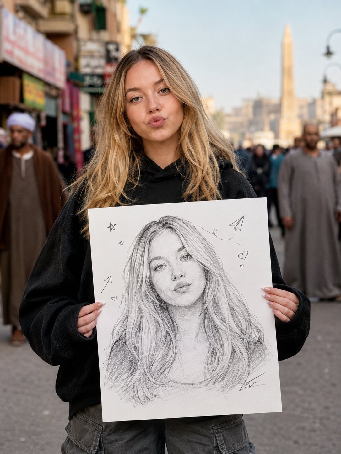 创意街头人像与人物素描海报 / Creative Street Portrait With Sketch Poster,人像与摄影,人像、电影感、时尚,案例输出图 1