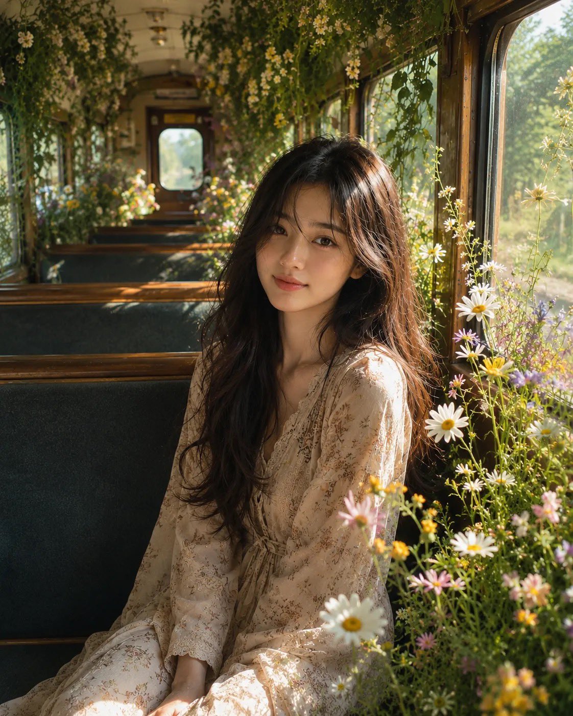 梦幻复古列车花园少女肖像 / Dreamy Vintage Train Flower Garden Portrait，人像与摄影，人像、电影感、品牌，案例输出图 2