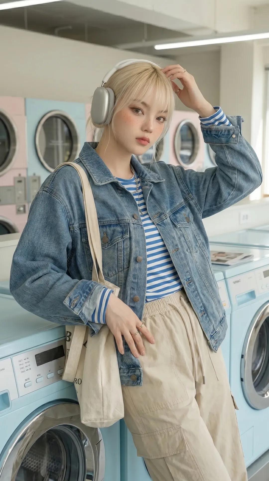 洗衣房复古丹宁时尚模特摄影 / Laundromat Vintage Denim Fashion Editorial Photography，人像与摄影，人像、时尚、极简，案例输出图 2