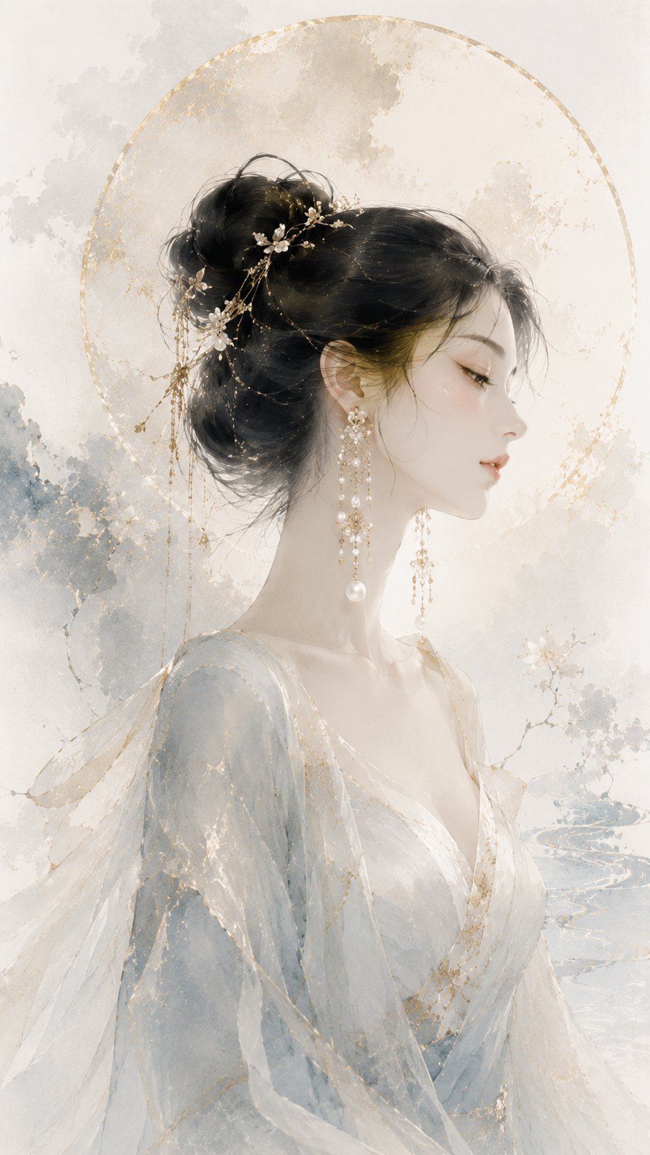 东方水墨高级珠宝插画视觉海报 / Oriental Ink Wash Luxury Jewelry Visual Poster Prompt,角色设计,时尚、海报、插画,案例输出图 1