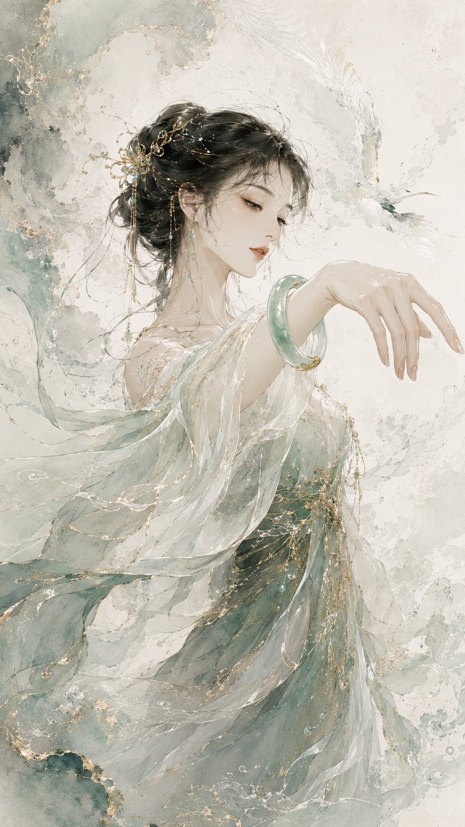 东方水墨高级珠宝插画视觉海报 / Oriental Ink Wash Luxury Jewelry Visual Poster Prompt，角色设计，时尚、海报、插画，案例输出图 2