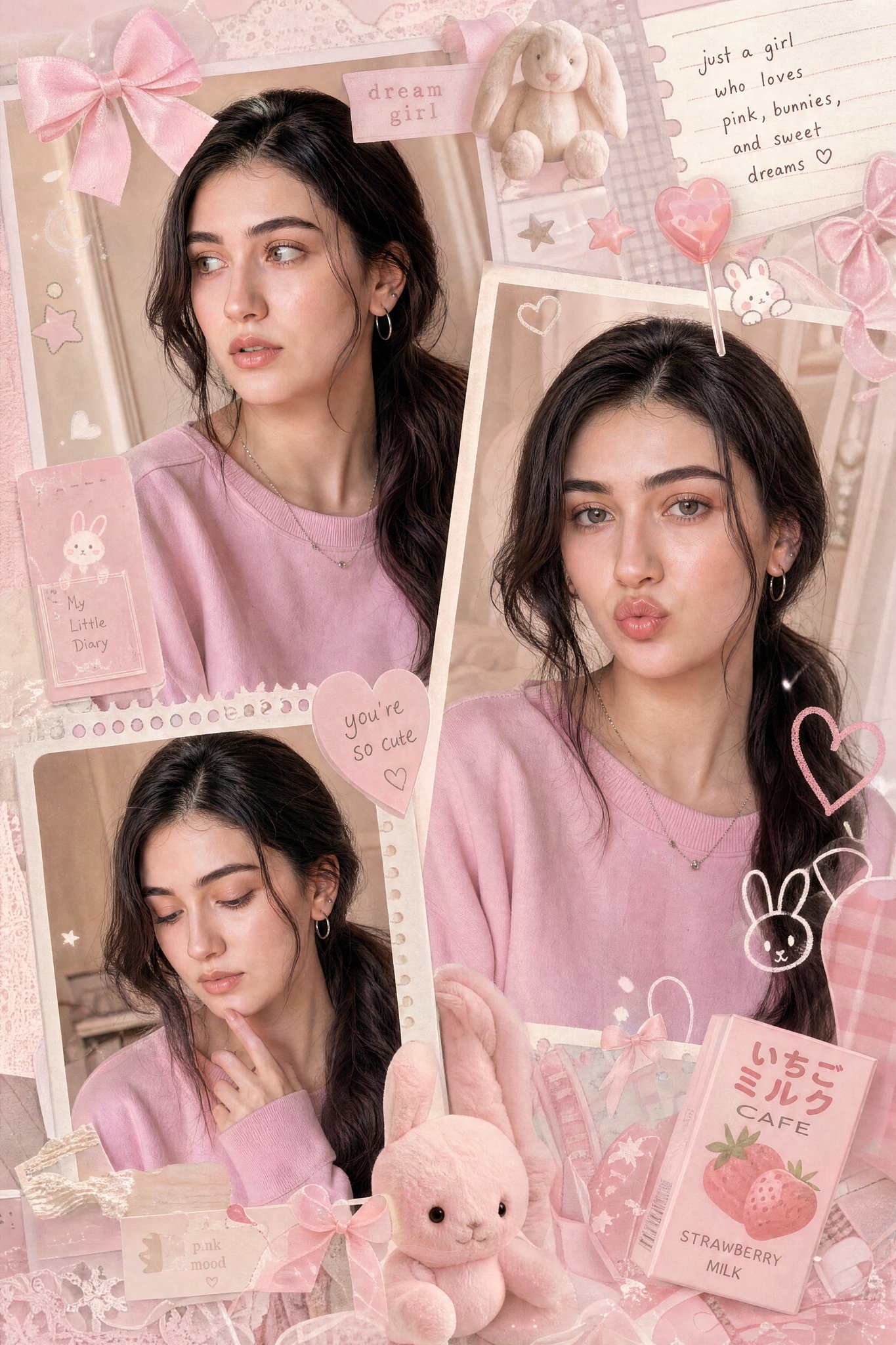 梦幻粉色少女感多帧拼贴画 / Dreamy Pastel Pink Girl Collage Aesthetic,人像与摄影,人像、插画、排版,案例输出图 1