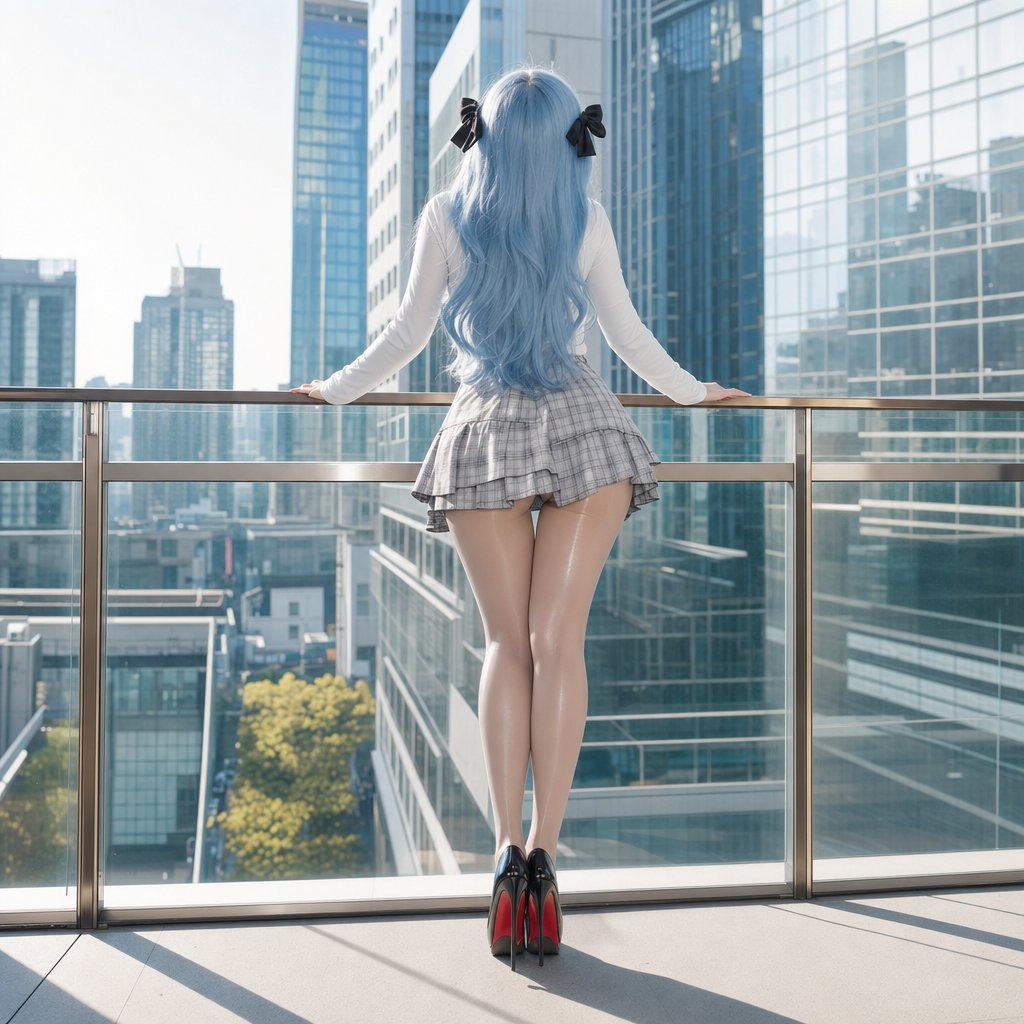 都市露台浅蓝长发女性全身背影写真 / Urban Terrace Light Blue Hair Female Back View Portrait,角色设计,人像、时尚、角色,案例输出图 1