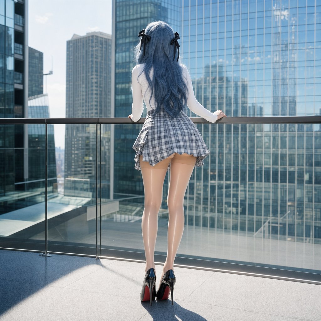 都市露台浅蓝长发女性全身背影写真 / Urban Terrace Light Blue Hair Female Back View Portrait，角色设计，人像、时尚、角色，案例输出图 2