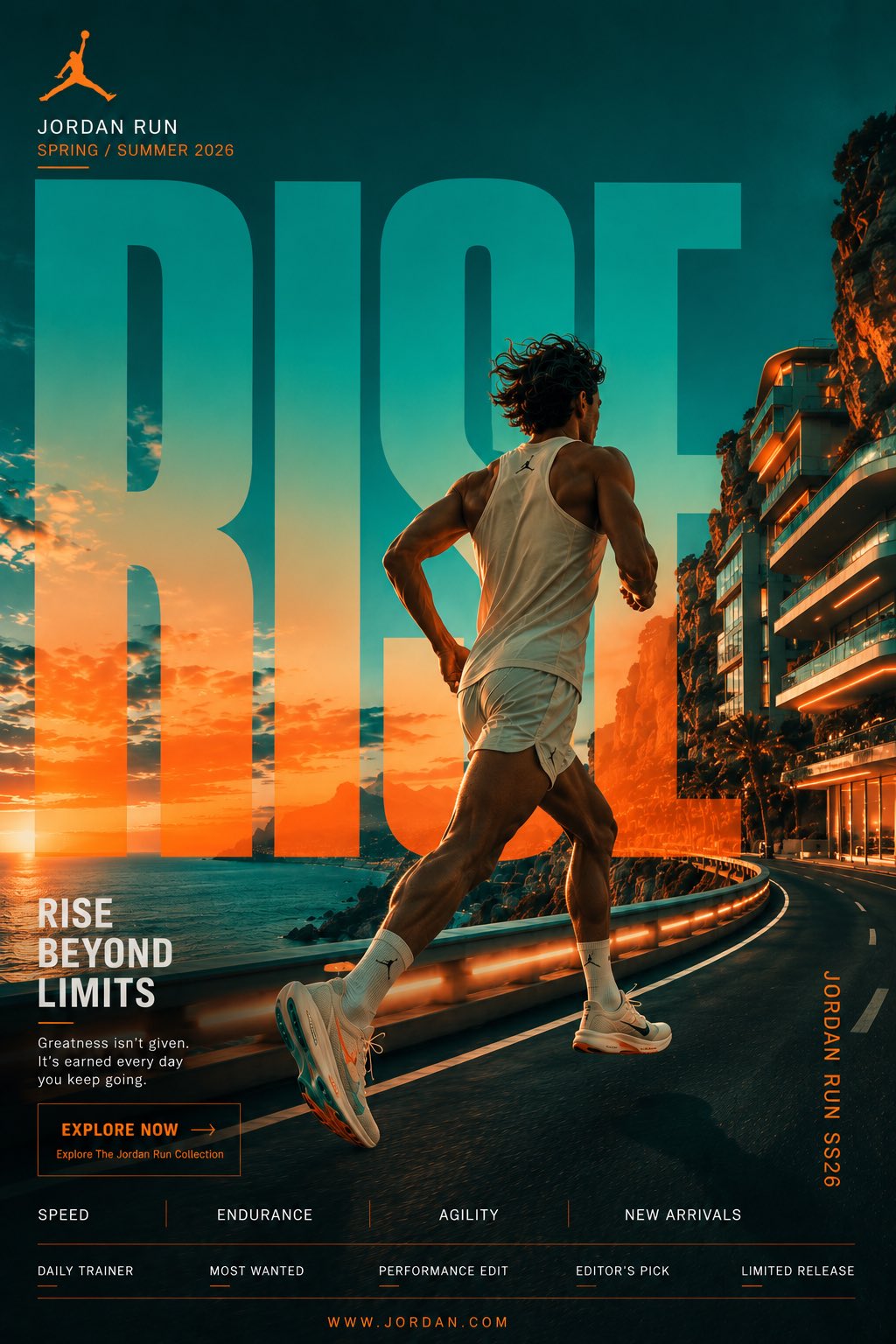 超高端跑鞋海滨大片海报 / Ultra Premium Running Footwear Smm Poster,UI 与社交媒体截图,电影感、海报、UI,案例输出图 1