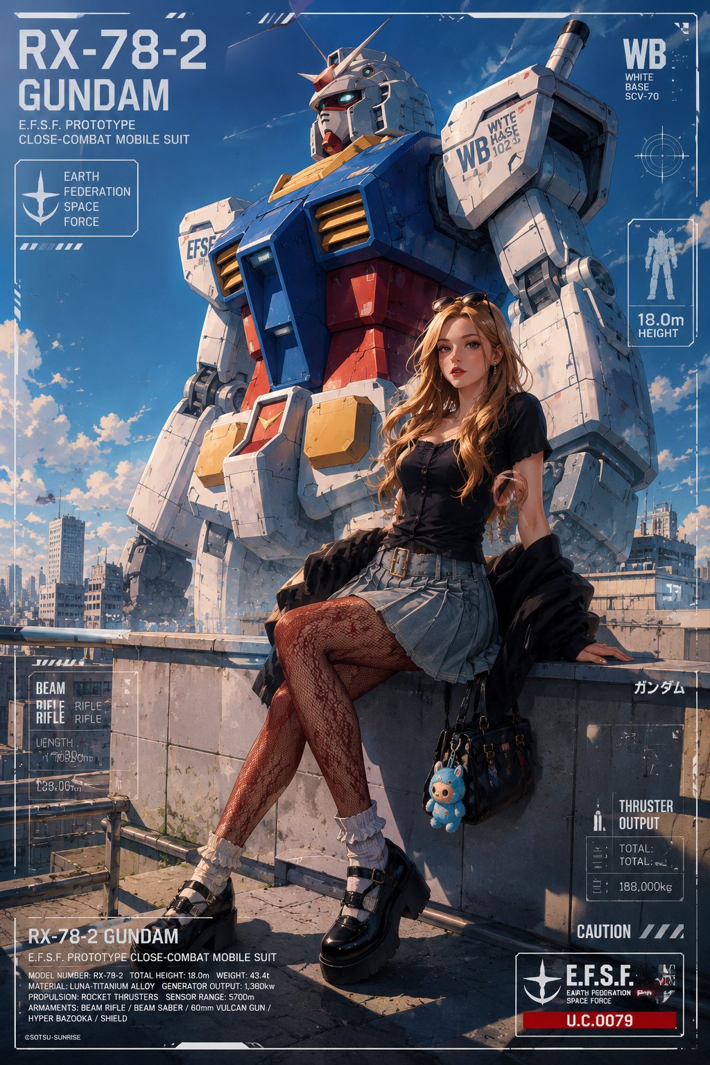 半写实动漫风都市天台高达少女 / Semi Realistic Anime Woman Gundam Rooftop,角色设计,电影感、时尚、角色,案例输出图 1