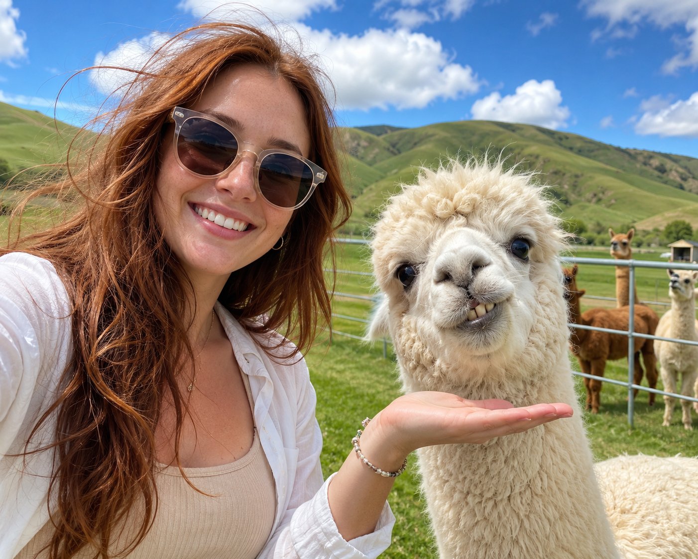 阳光下与白羊驼合影的红棕发女子 / Sunny Selfie Woman Fluffy White Alpaca,角色设计,人像、插画、角色,案例输出图 1
