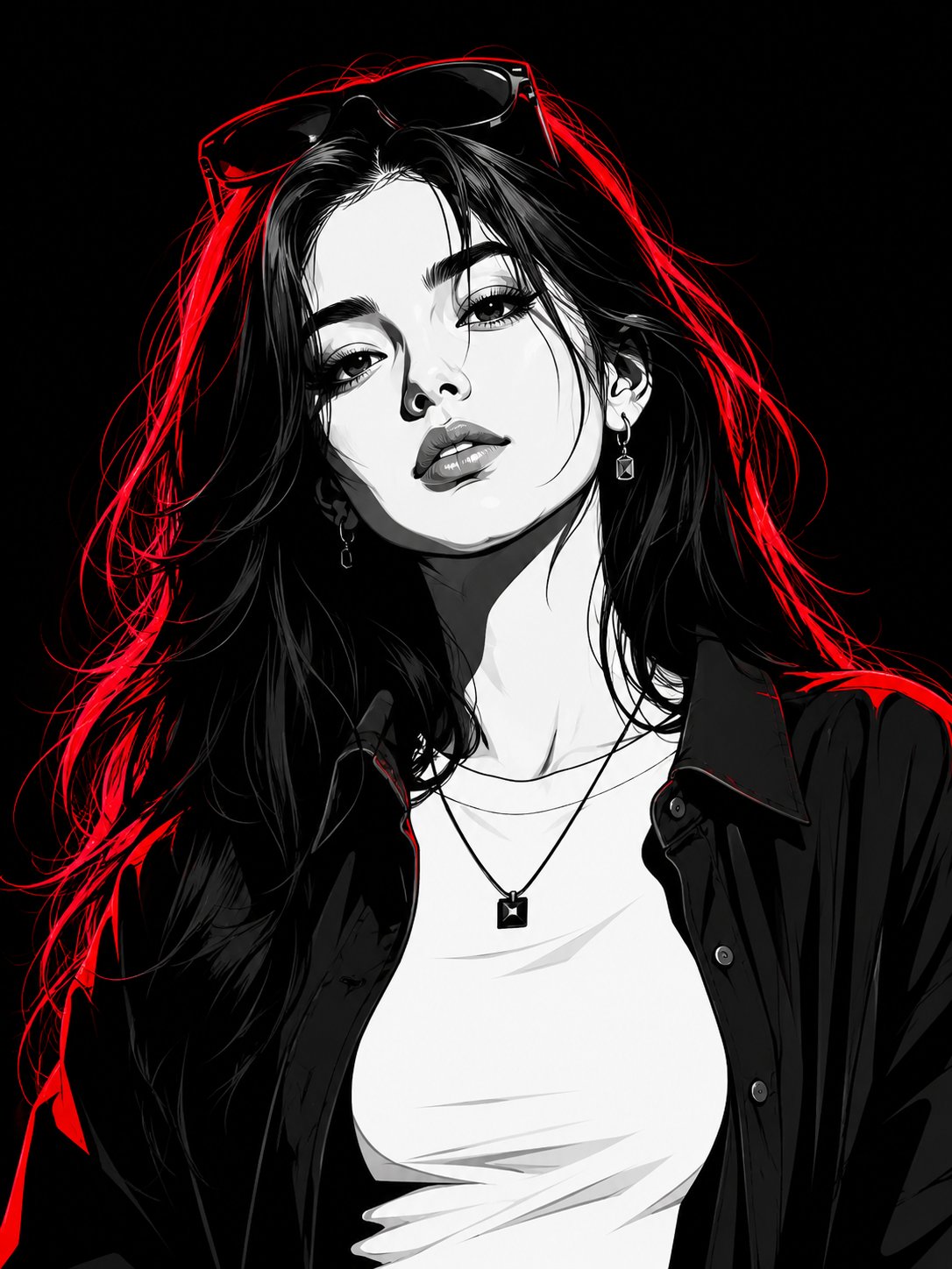 高对比度红霓虹边缘光黑白矢量人像 / High Contrast Red Neon Monochrome Vector Portrait Woman,模型对比与社区,霓虹、人像、电影感,案例输出图 1