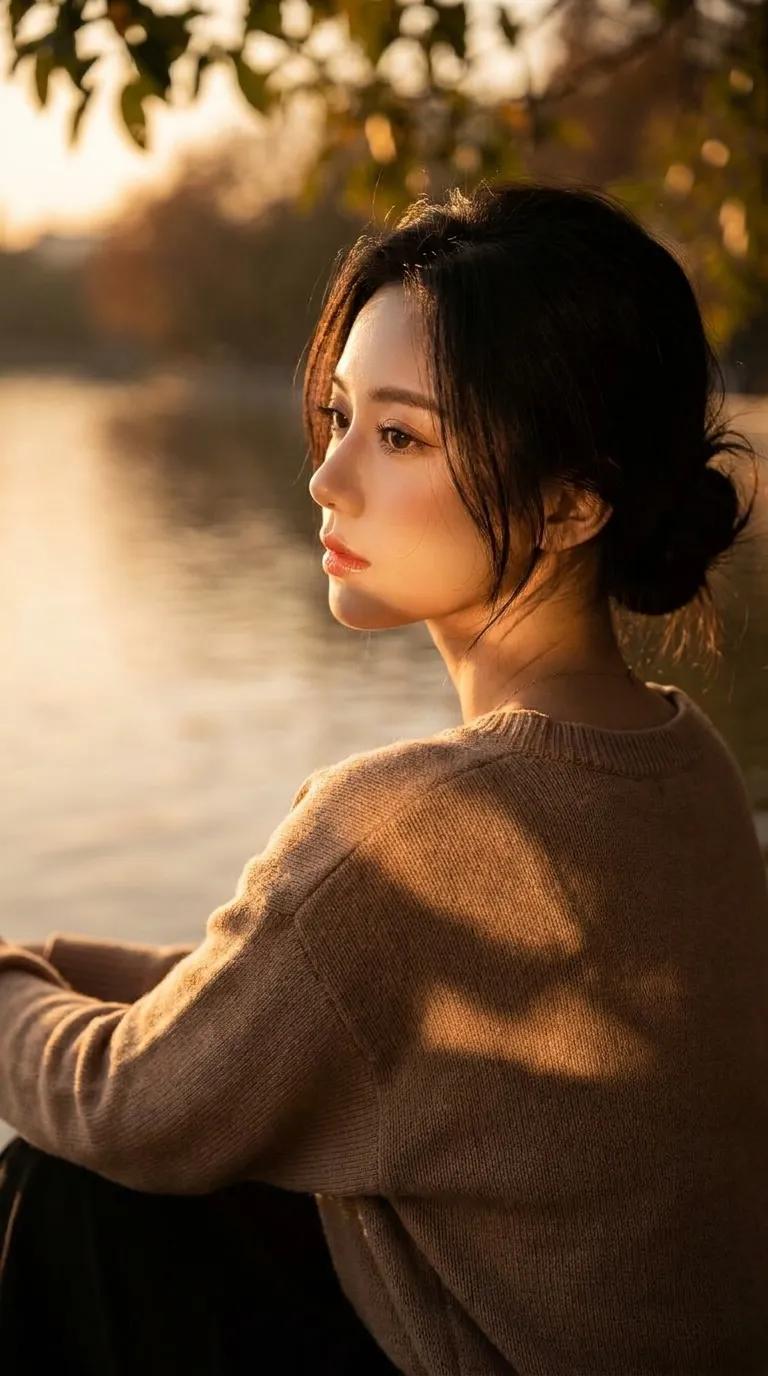 湖边金辉电影感秋季人像 / Cinematic Portrait Woman Lake Sunset Autumn，人像与摄影，人像、电影感、时尚，案例输出图 1