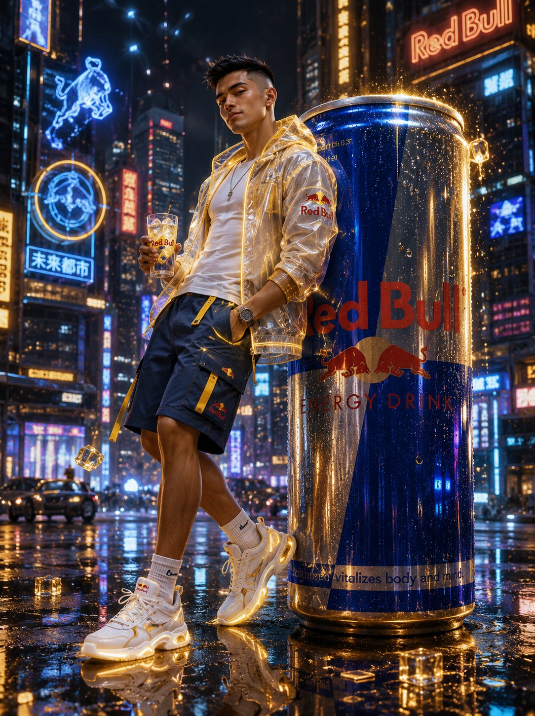 霓虹都市红牛赛博朋克少年 / Cyberpunk Red Bull Neon City Commercial Shot,人像与摄影,霓虹、人像、电影感,案例输出图 1