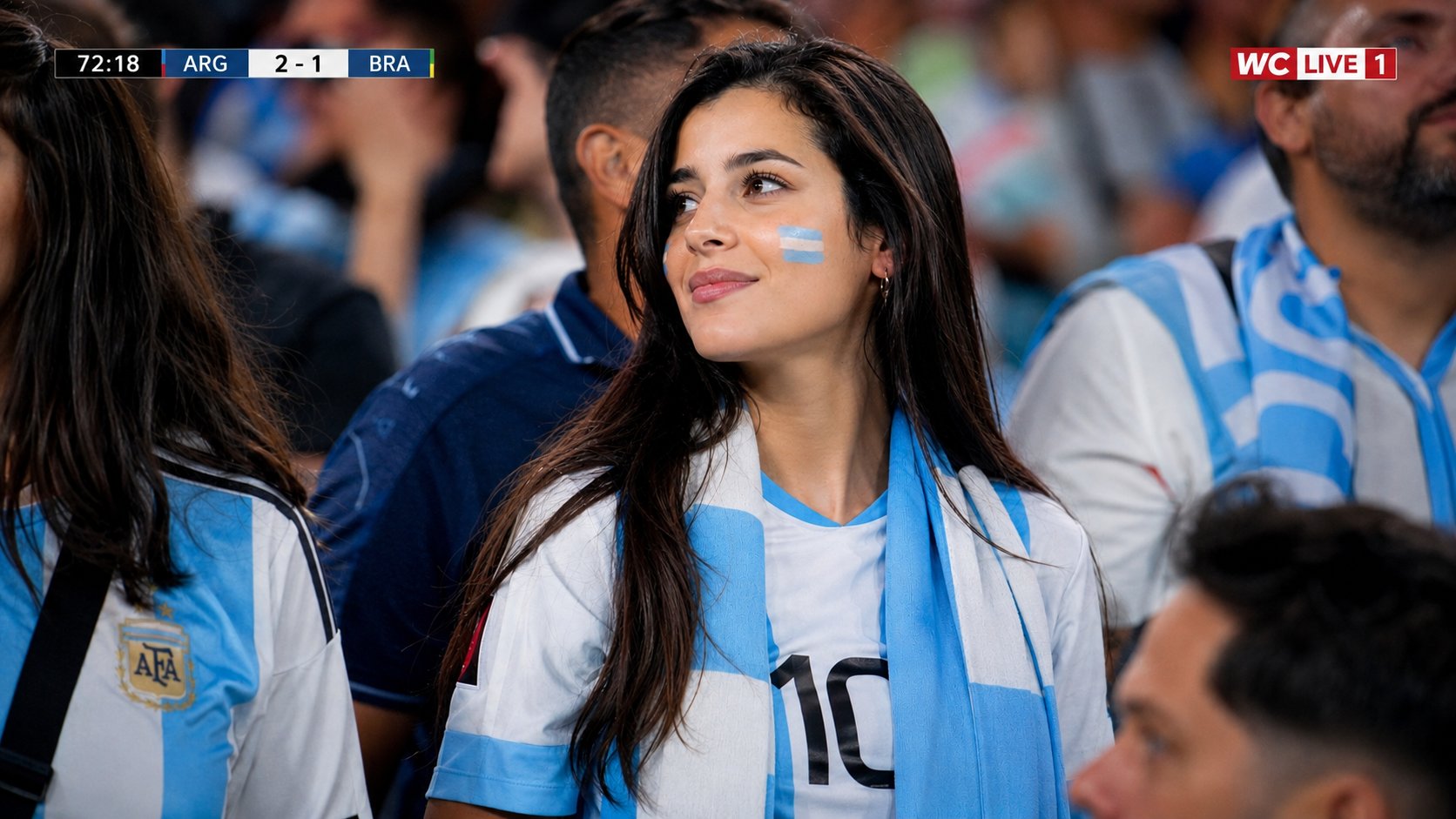 真实世界杯场馆女球迷转播特写 / World Cup Broadcast Female Fan Stadium,角色设计,电影感、插画、角色,案例输出图 1