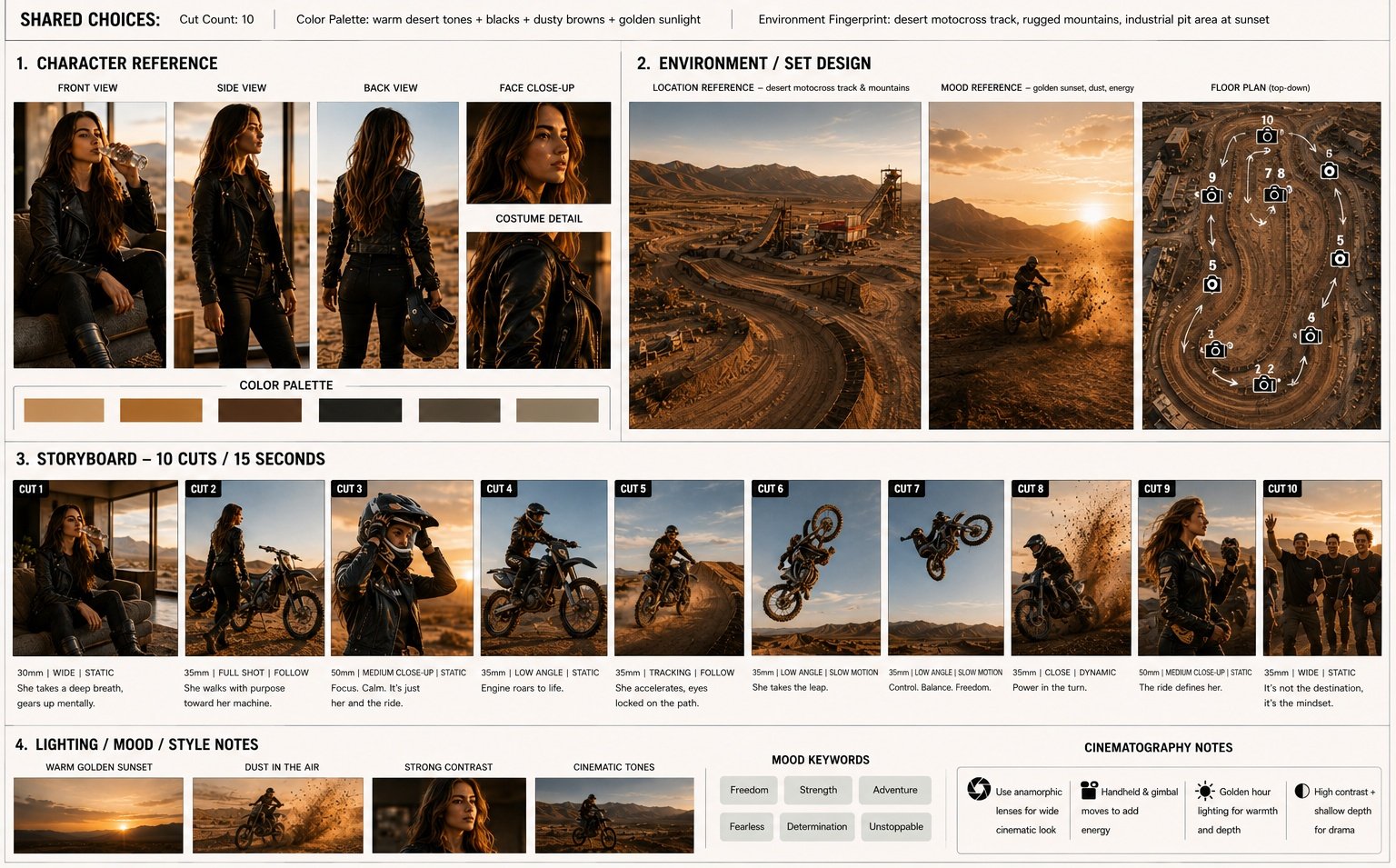 时尚女性荒漠越野摩托电影分镜 / Cinematic Desert Motocross Storyboard Sequence,角色设计,电影感、时尚、插画,案例输出图 1