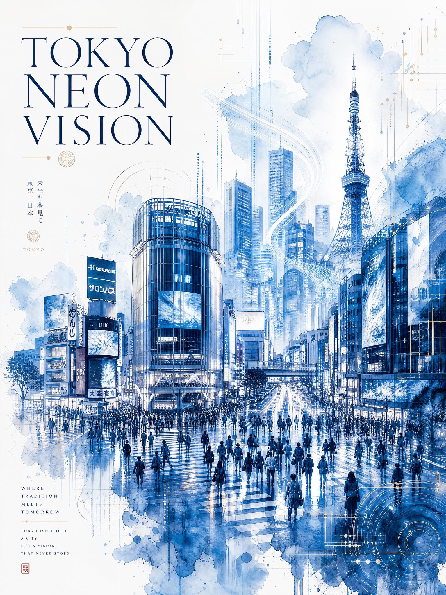东京霓虹视觉极简钴蓝水彩海报 / Tokyo Neon Vision Watercolor Travel Poster,人像与摄影,霓虹、人像、电影感,案例输出图 1