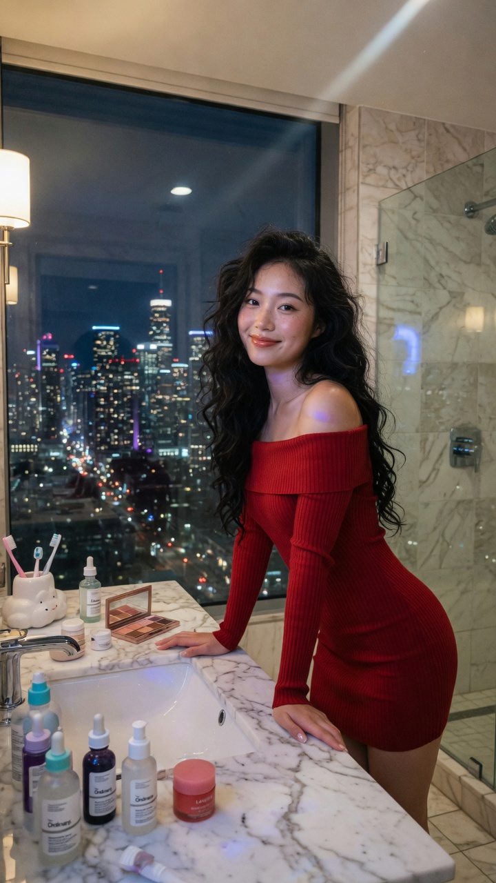 现代奢华浴室红裙东亚女性夜景人像 / Modern Luxury Bathroom Red Dress East Asian Woman Night Portrait,人像与摄影,35mm、人像、电影感,案例输出图 1