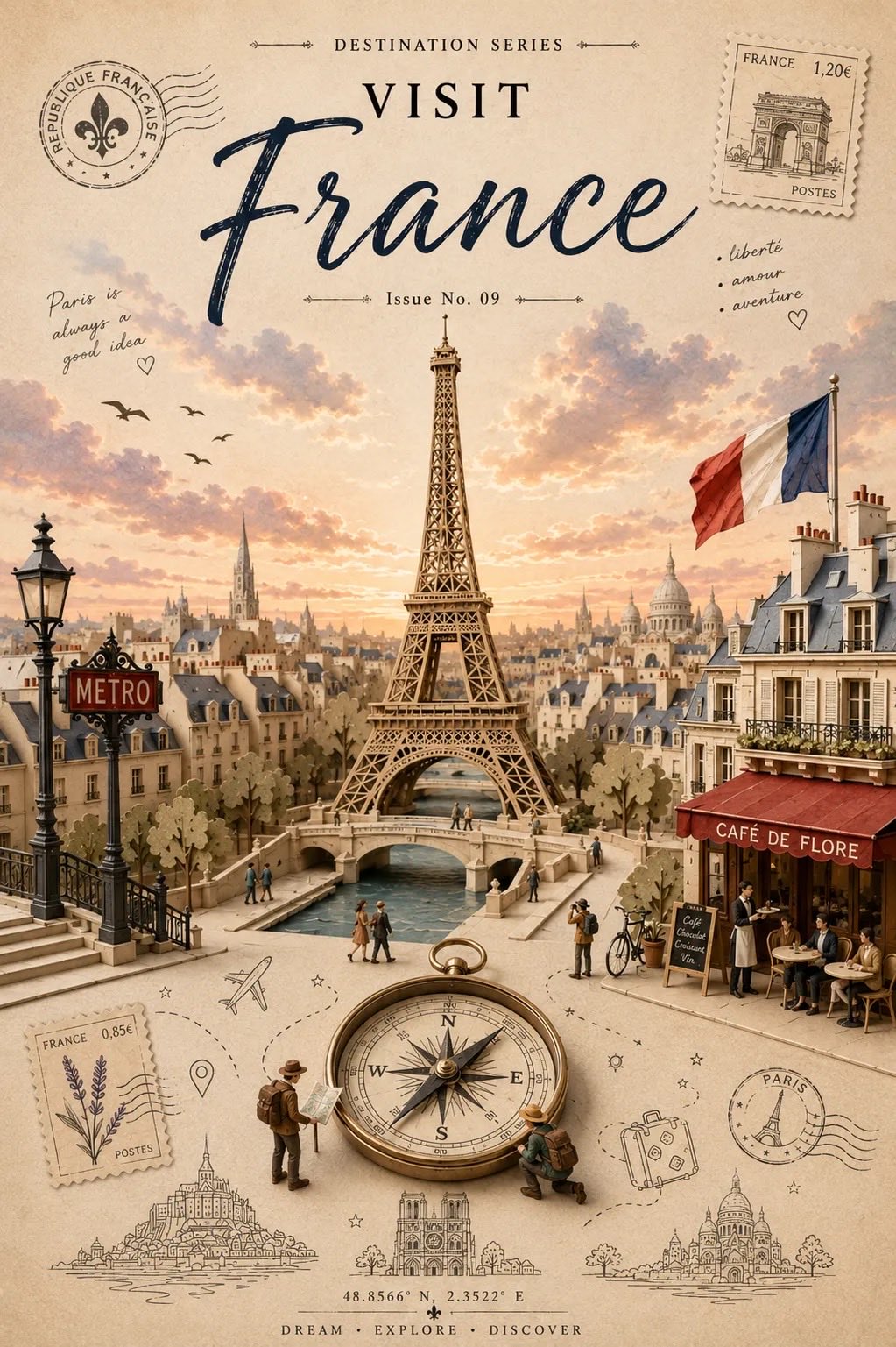 纸雕风格复古旅游杂志封面海报 / Vintage Travel Magazine Papercraft Poster，人像与摄影，人像、电影感、时尚，案例输出图 2