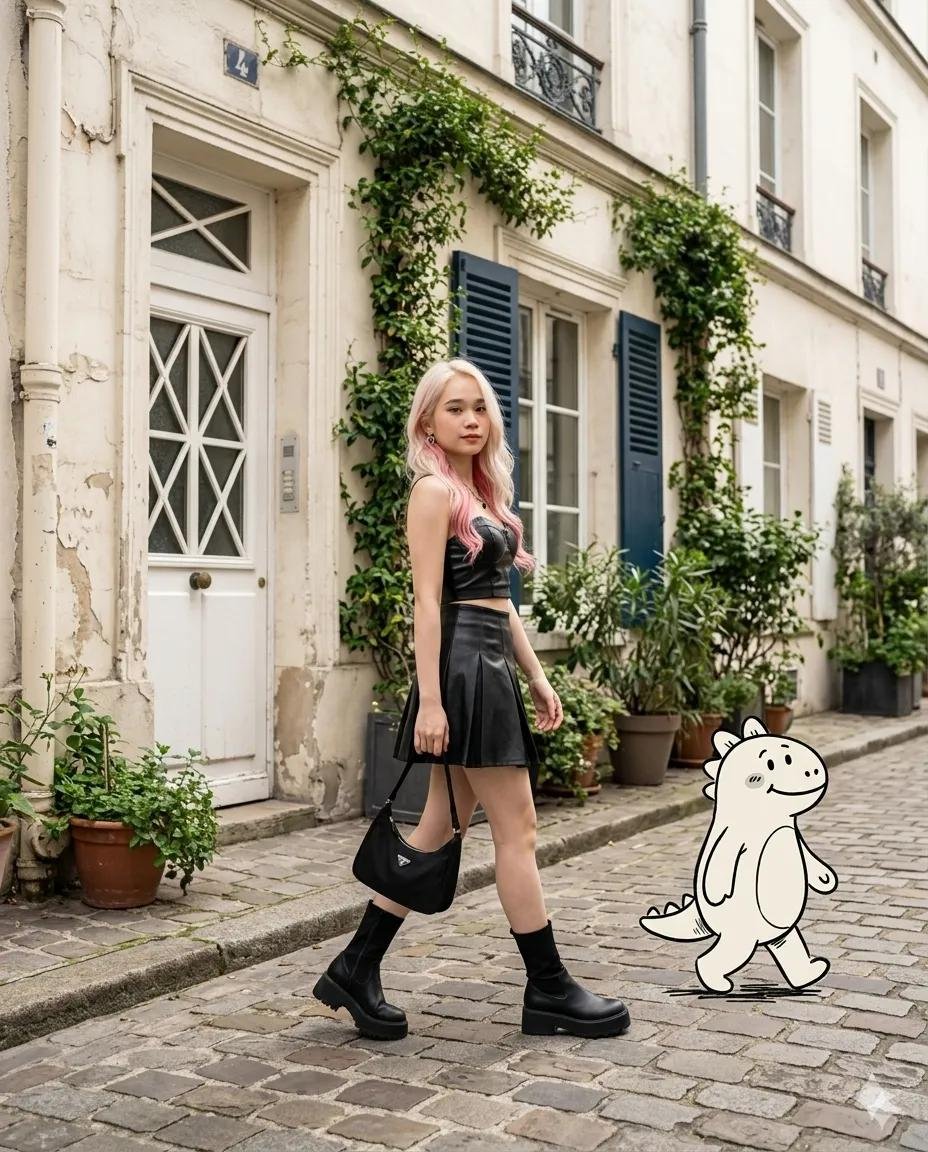 欧式街道粉发少女与卡通小恐龙 / Photorealistic Fashion Street Scene Pink Hair Cartoon Dinosaur,角色设计,35mm、电影感、时尚,案例输出图 1