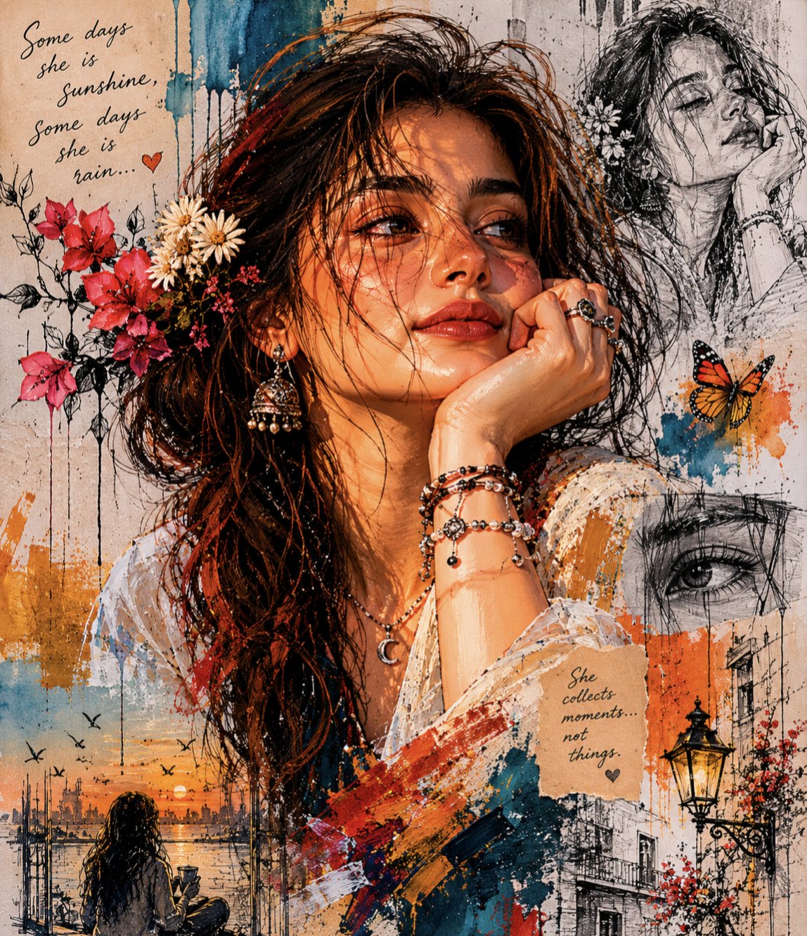 南亚少女混合媒材复古剪贴艺术 / Vibrant Mixed Media South Asian Woman Collage Art,海报与插画,海报、插画、城市视觉,案例输出图 1