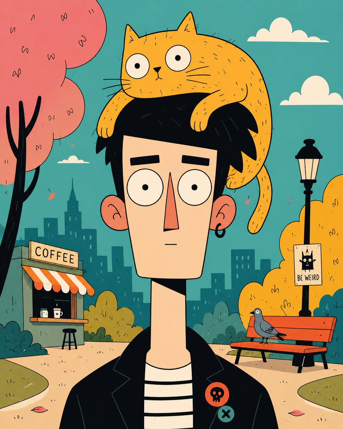 搞怪几何风格扁平卡通肖像海报 / Quirky Flat Cartoon Portrait Animal Hat，角色设计，人像、海报、插画，案例输出图 1