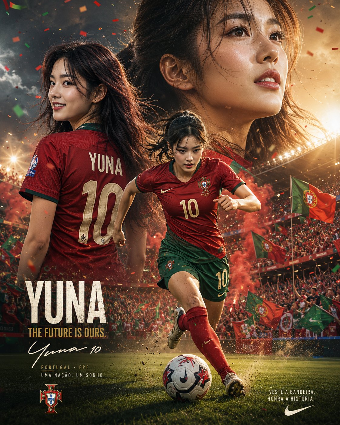 葡萄牙国家队日韩裔女足新星海报 / Epic Portugal Female Footballer Editorial Poster，人像与摄影，人像、电影感、时尚，案例输出图 2