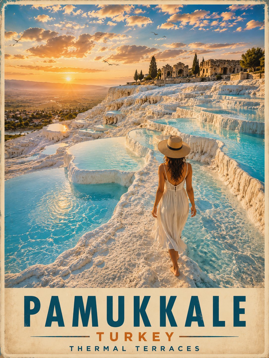 棉花堡复古旅游海报金色落日 / Vintage Travel Poster Pamukkale Turkey，人像与摄影，35mm、人像、电影感，案例输出图 2