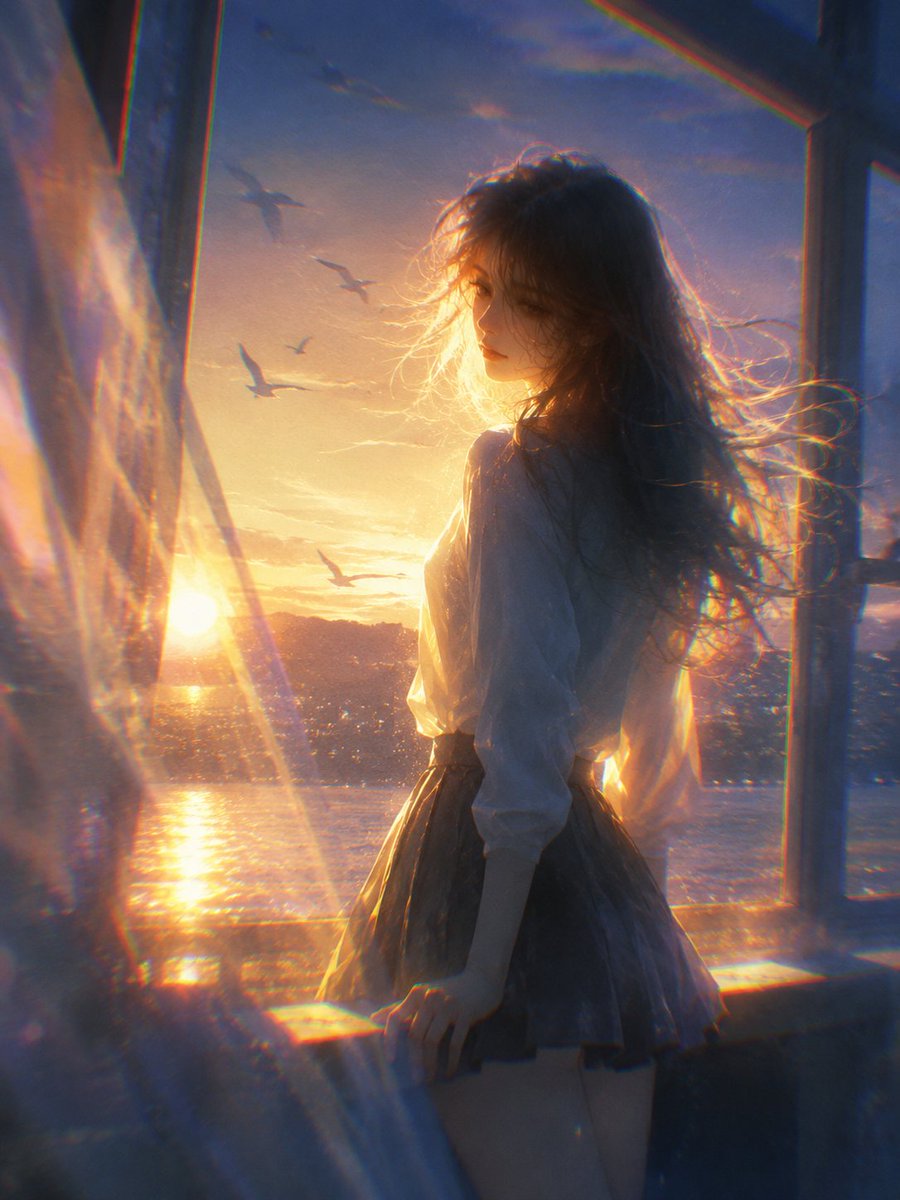 日系梦幻诗意半写实夕阳逆光插画 / Japanese Poetic Dreamy Semi Realistic Illustration，人像与摄影，人像、海报、插画，案例输出图 2