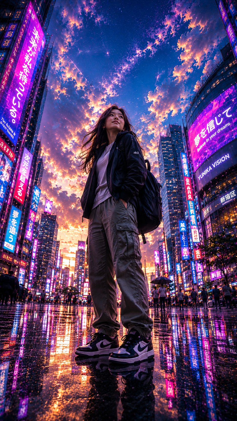 雨后现代都市街头菲律宾女性仰拍视角 / Ultra Realistic Fisheye Modern City Street Woman Cyberpunk Shinkai,角色设计,霓虹、角色、二次元,案例输出图 1