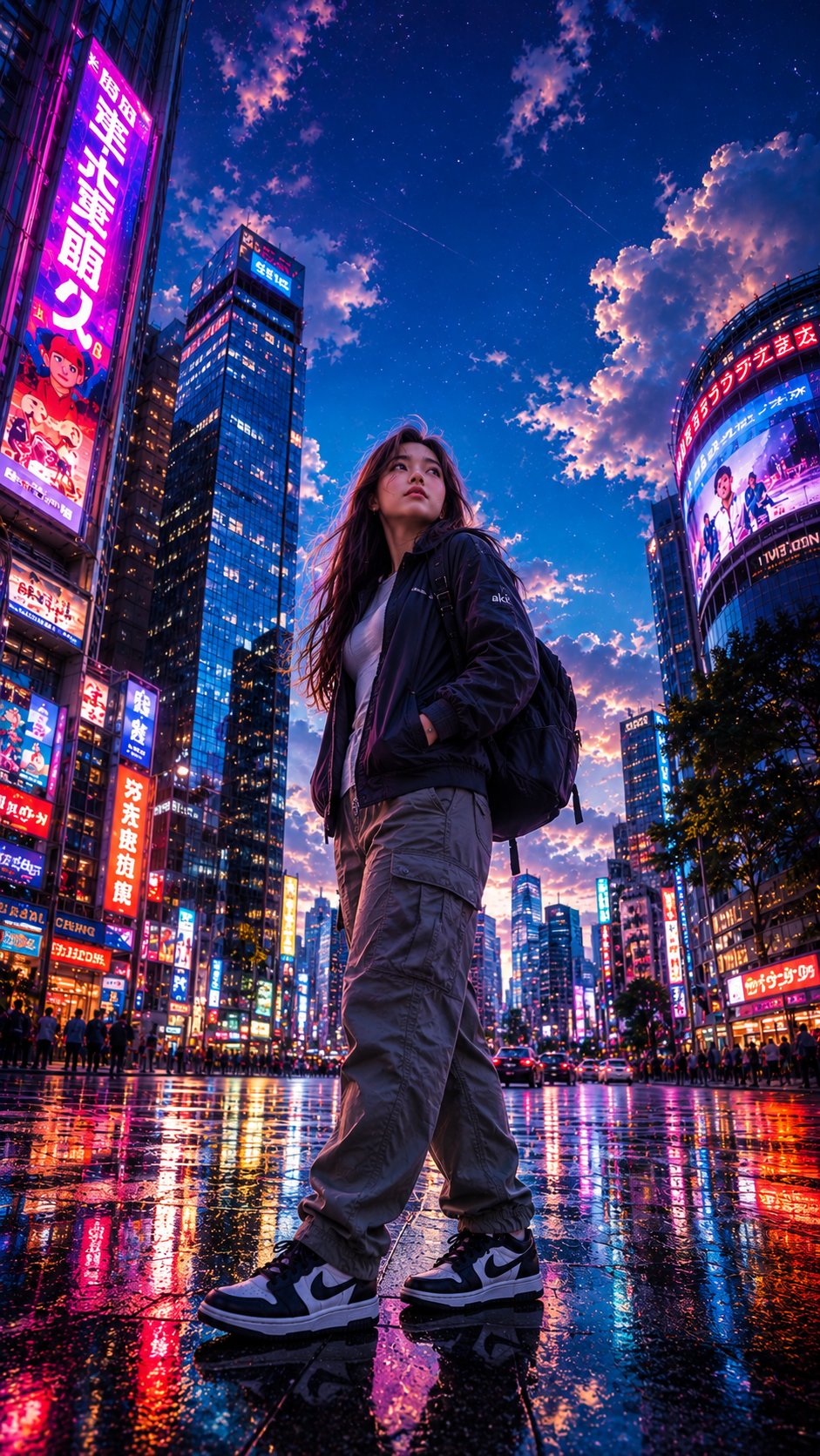 雨后现代都市街头菲律宾女性仰拍视角 / Ultra Realistic Fisheye Modern City Street Woman Cyberpunk Shinkai，角色设计，霓虹、角色、二次元，案例输出图 2