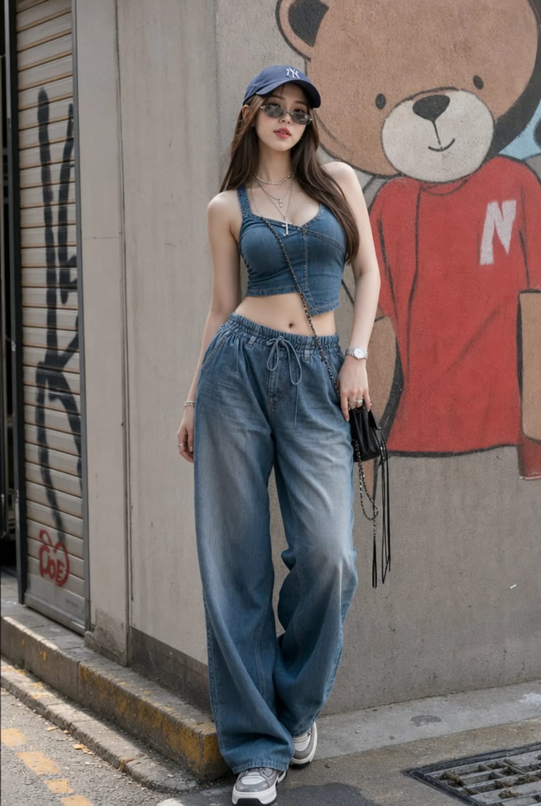 亚洲女性街头时尚牛仔写真 / Asian Woman Street Fashion Denim Outfit City Mural,人像与摄影,人像、时尚、城市视觉,案例输出图 1