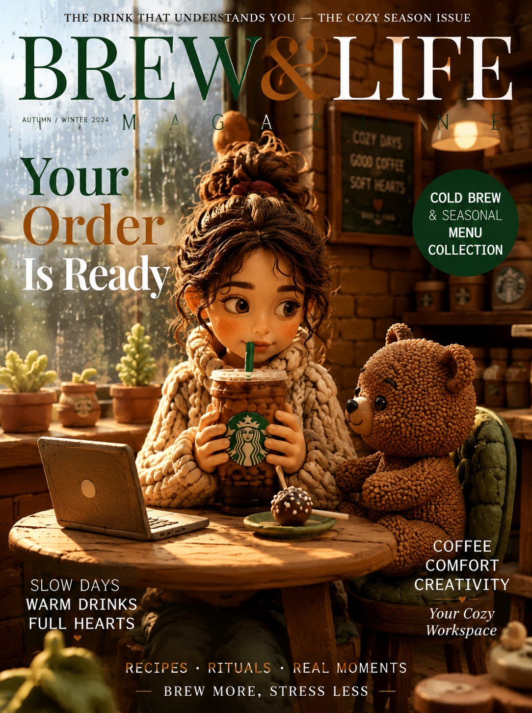 星巴克定格动画温馨秋季咖啡厅 / Starbucks Claymation Cozy Autumn Cafe Prompt,海报与插画,海报、插画、品牌,案例输出图 1