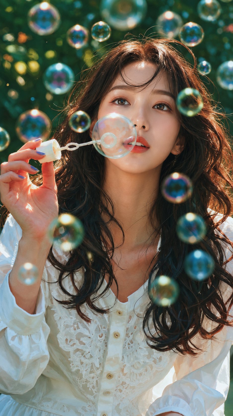 唯美东亚女性花园吹泡泡超写实人像 / Ultra Realistic Cinematic Portrait East Asian Woman Bubbles Garden,人像与摄影,人像、电影感、时尚,案例输出图 1