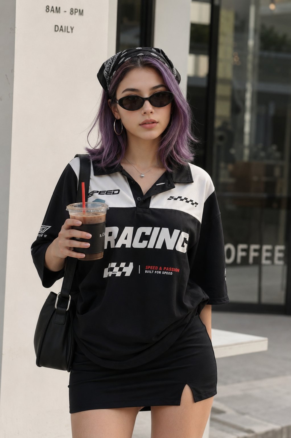 咖啡馆外的紫色短发时尚女性街拍 / Stylish Woman Lavender Hair Motorsport Polo Street Fashion,人像与摄影,人像、时尚、极简,案例输出图 1