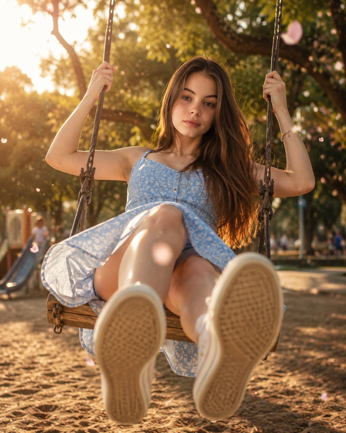 阳光下荡秋千的美丽少女广角透视 / Beautiful Woman Swinging Wide Angle Perspective,海报与插画,海报、插画、海报与插画,案例输出图 1
