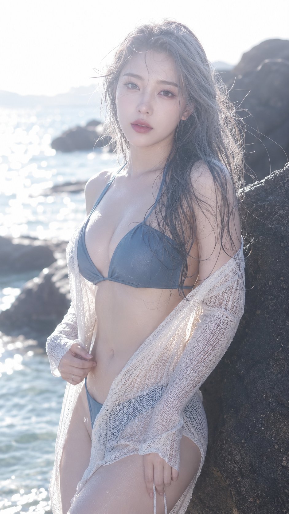 唯美海边岩石比基尼女性时尚人像 / Photorealistic Summer Seaside Fashion Bikini Portrait,人像与摄影,人像、电影感、时尚,案例输出图 1