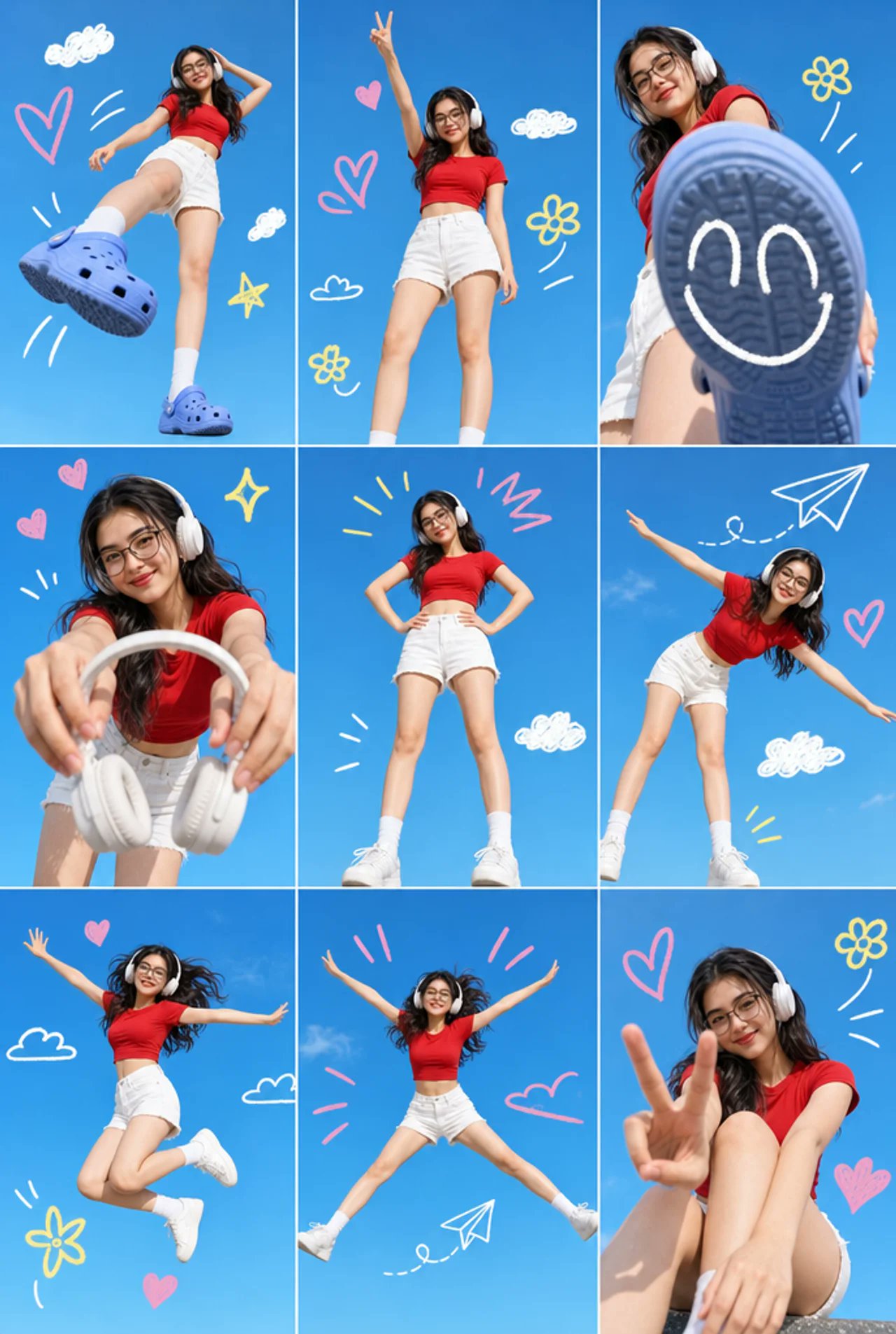 亚洲少女蓝天涂鸦九宫格摄影 / Asian Woman 9 Grid Collage Doodles Blue Sky,人像与摄影,人像、时尚、人像与摄影,案例输出图 1