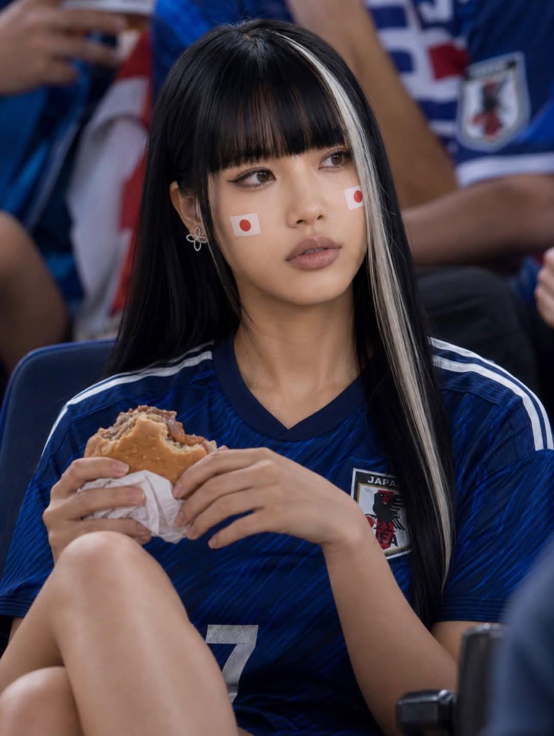 日本国家队女球迷足球场夜景写实人像 / Ultra Realistic Japanese Soccer Fan Stadium Portrait,人像与摄影,人像、电影感、人像与摄影,案例输出图 1