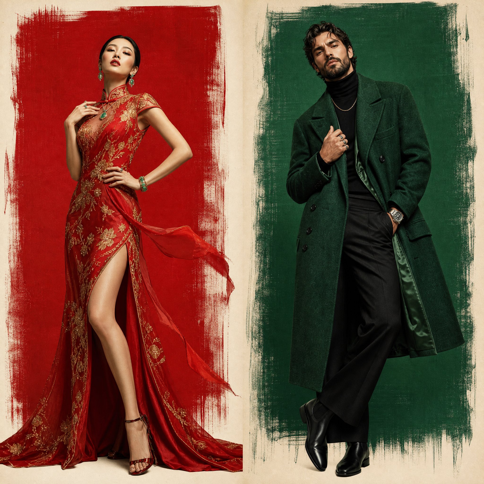红绿对比高级定制时尚艺术 / Red Green Contrast Couture Fashion Art,模型对比与社区,时尚、角色、对比实验,案例输出图 1