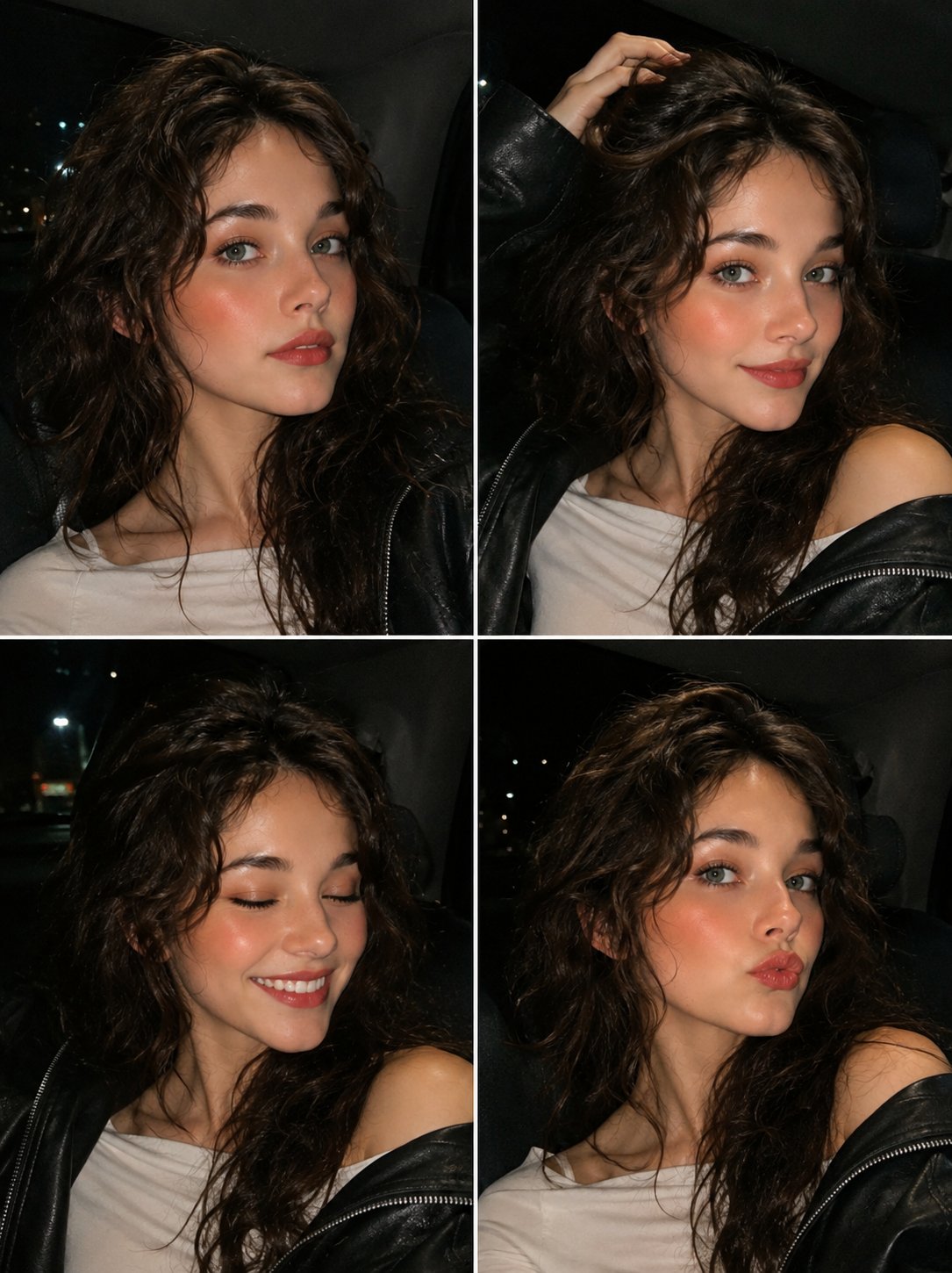 车内夜间闪光灯四宫格美女自拍 / Nighttime Car Selfie 4 Photo Collage Aesthetic，角色设计，35mm、人像、角色，案例输出图 1