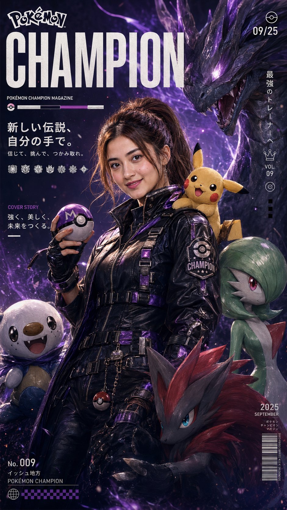 宝可梦冠军杂志封面超写实未来幻想风格 / Pokemon Champion Magazine Cover Futuristic Fantasy Style,角色设计,电影感、时尚、角色,案例输出图 1