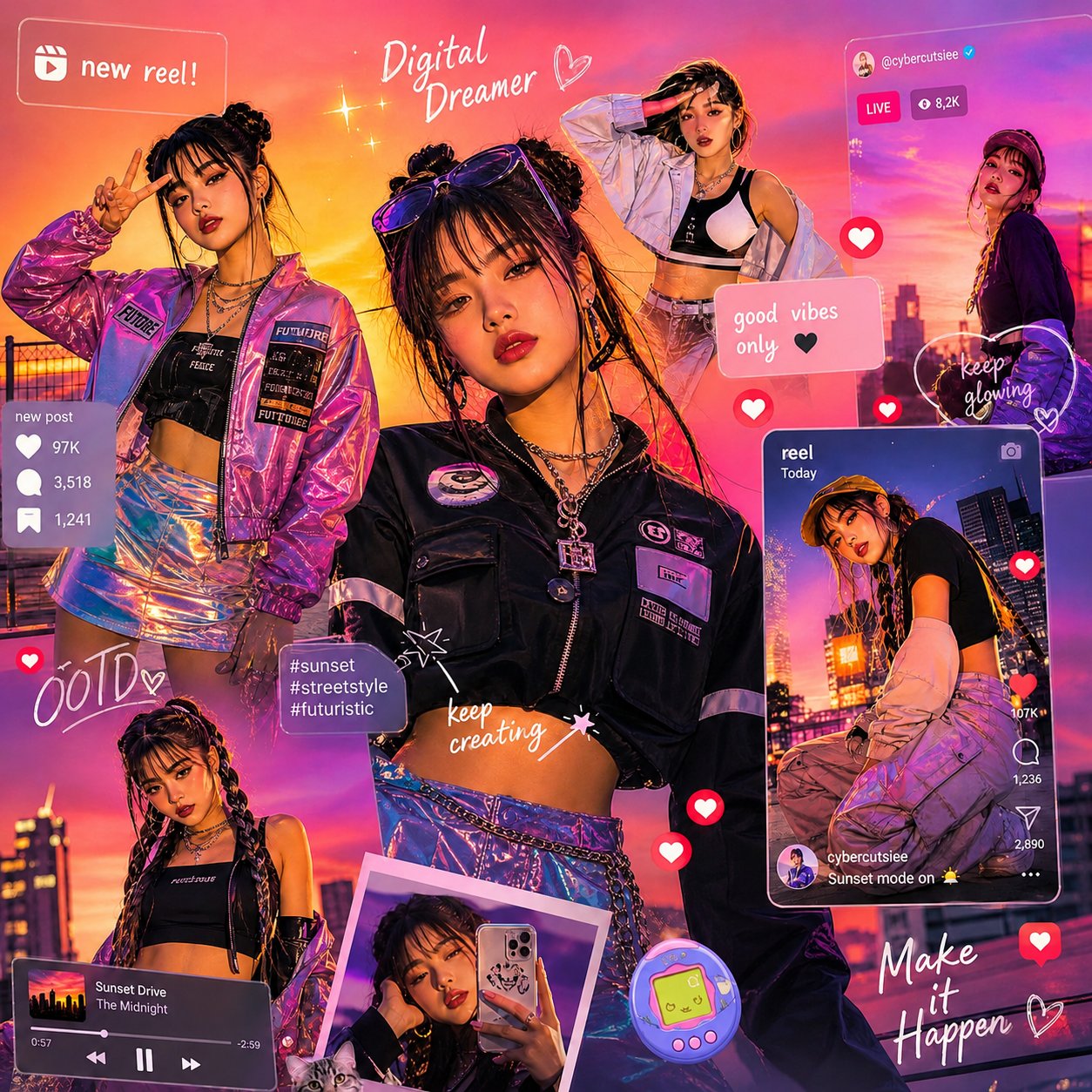 未来感Z世代韩系时尚拼贴海报 / Futuristic Gen Z Korean Fashion Collage,人像与摄影,人像、电影感、时尚,案例输出图 1
