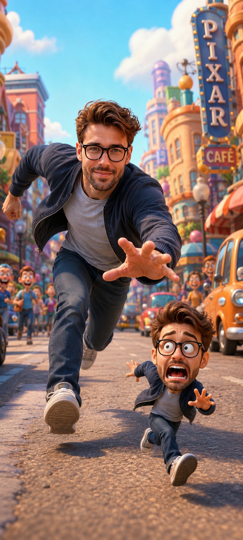 写实少年在皮克斯风格街道全力冲刺 / Photorealistic Boy Sprinting Pixar Style Miniature，角色设计，35mm、插画、角色，案例输出图 1