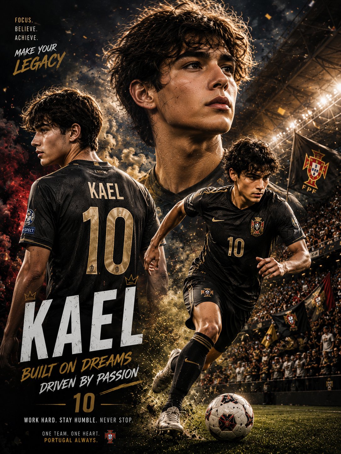 史诗级足球巨星多重曝光海报 / Epic Football Superstar Triple Exposure Editorial Poster,角色设计,人像、电影感、时尚,案例输出图 1
