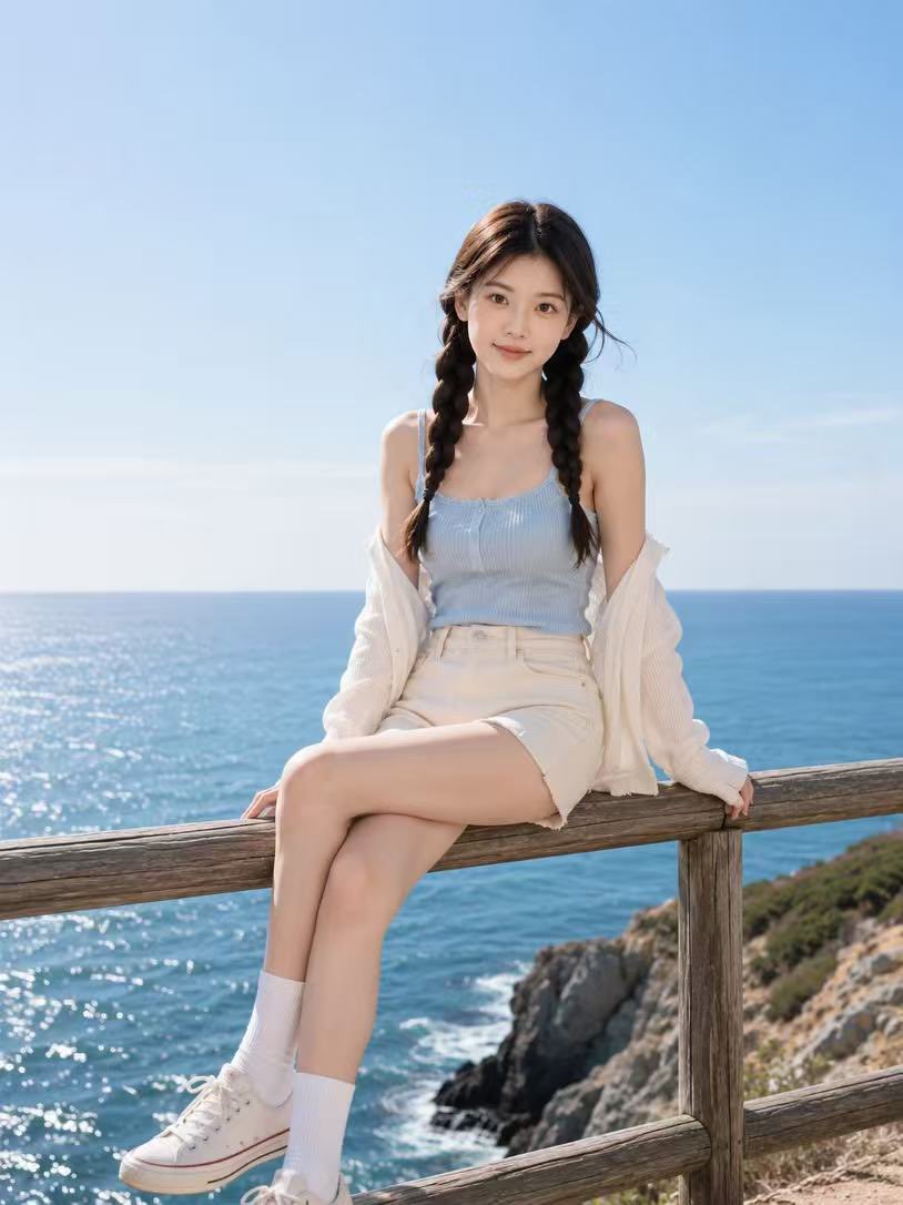 真实人像海边度假风全身摄影 / Cinematic Seaside Vacation Portrait Full Body，角色设计，人像、电影感、时尚，案例输出图 1