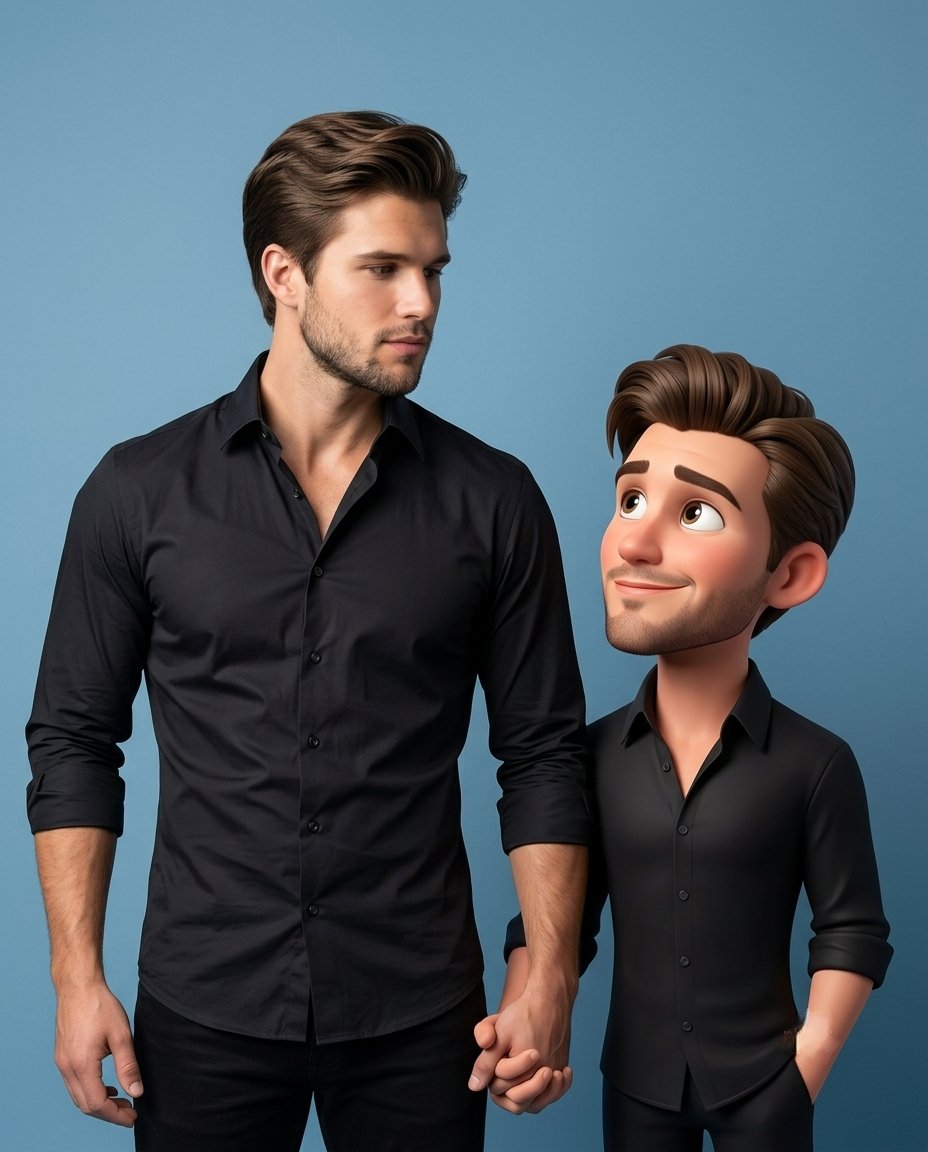 真实人物与3D夸张同伴互动视觉 / Realistic Person 3d Caricature Companion,角色设计,电影感、时尚、角色,案例输出图 1