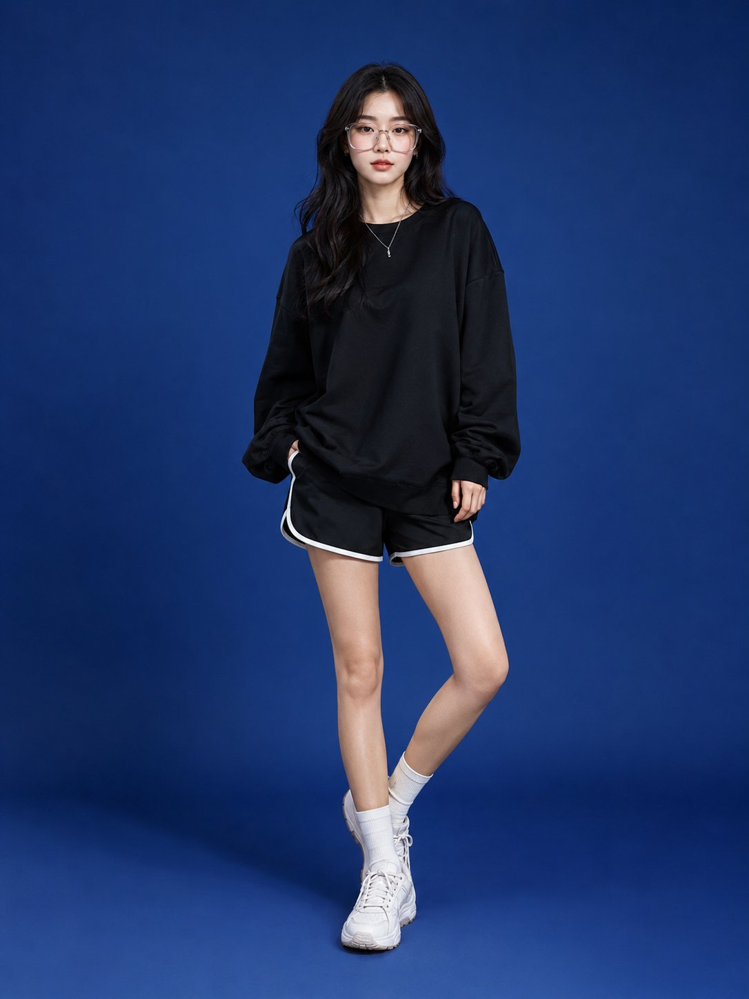 极简街头风宝蓝背景东亚女性全身照 / Minimalist Streetwear East Asian Woman Portrait,人像与摄影,人像、时尚、极简,案例输出图 1