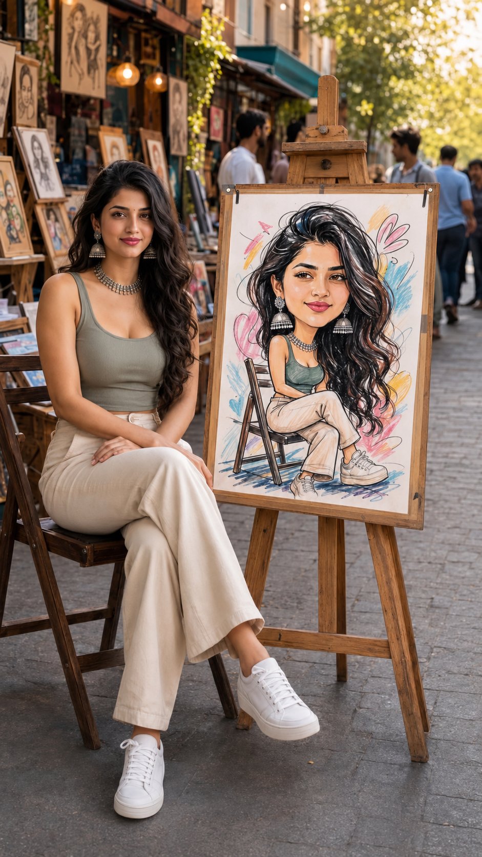 艺术街市木椅上的南亚女子写实肖像 / Ultra Realistic South Asian Woman Art Market Portrait,人像与摄影,人像、电影感、时尚,案例输出图 1
