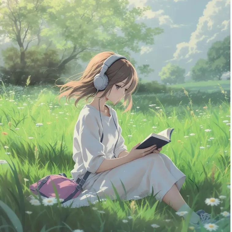 草地读书的耳机少女动漫插画 / Anime Girl Reading Meadow Headphones,角色设计,电影感、插画、角色,案例输出图 1