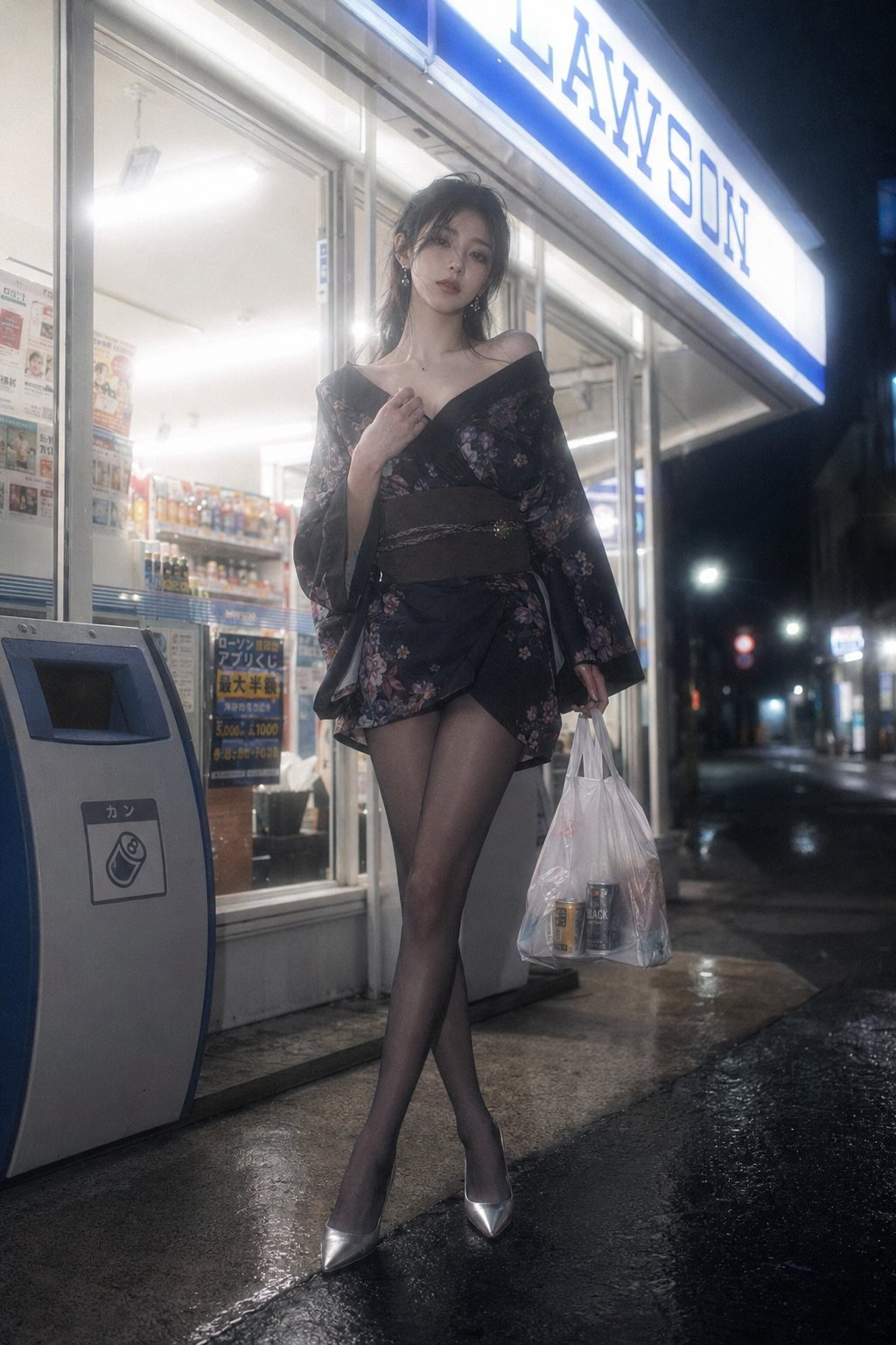深夜便利店日系写真时尚人像 / Photorealistic Japanese Fashion Convenience Store Night,人像与摄影,35mm、人像、电影感,案例输出图 1