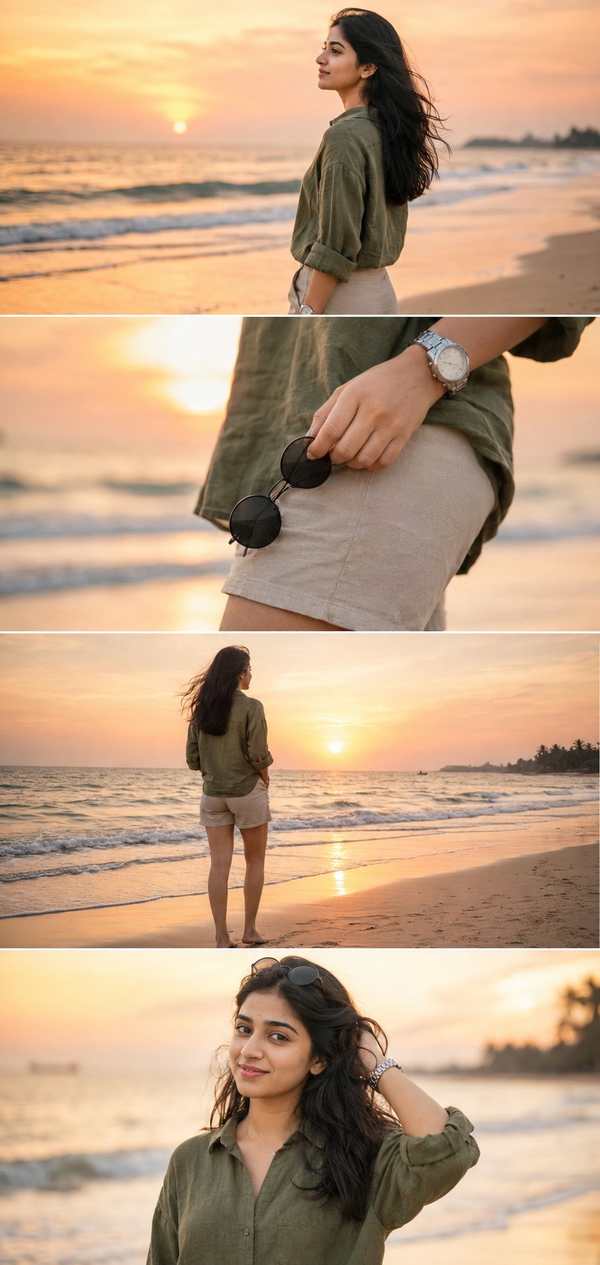 超写实DSLR电影感沙滩人像拼贴 / Ultra Realistic Dslr Cinematic Beach Photoshoot Collage,角色设计,人像、电影感、时尚,案例输出图 1