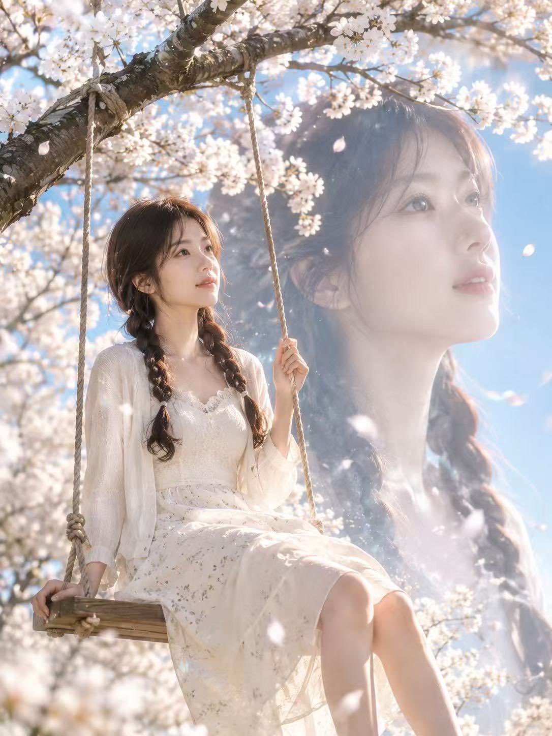 春日樱花秋千少女双重曝光电影感人像 / Cinematic Double Exposure Cherry Blossom Portrait，角色设计，人像、电影感、时尚，案例输出图 1