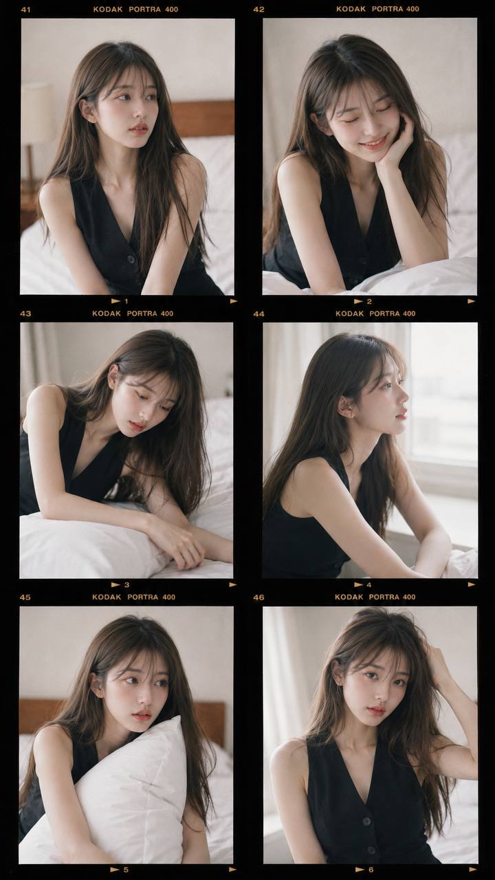 柯达胶片质感东亚女性拼贴相片 / Kodak Portra 400 East Asian Woman Contact Sheet Collage,角色设计,35mm、电影感、时尚,案例输出图 1